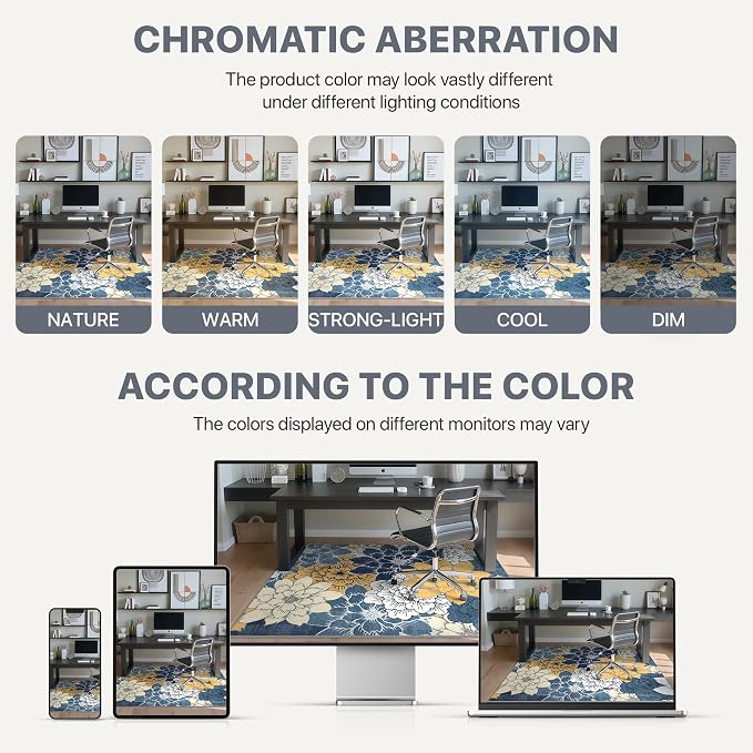 36"x48" Office Chair Mat for Hardwood Tile Floor, Under Desk Carpet Protector for Rolling Computer Chair Mat, Machine Washable Area Rug, Anti-Slip 1/5" Thick Low Pile Thin Vinyl Floor Mat, Navy Yellow