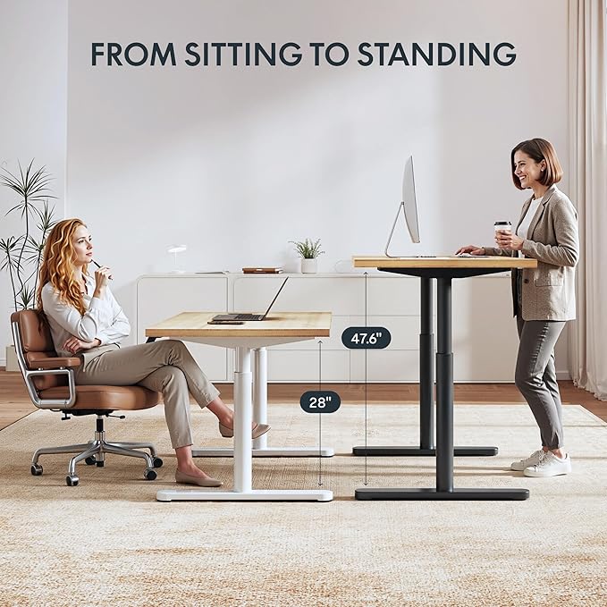 FLEXISPOT Bamboo Electric Standing Desk with Elegant Oval Legs & Curved Desktop, 55"x28" Height Adjustable Desk for Home Office & Living Spaces, White Frame