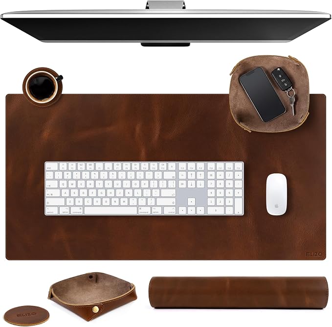 ELIZO Leather Desk Pad Real Leather Desk Mat Thick (3mm) Double Layer (32x16) Cover Blotter Desk Protector Large Computer Mat for Keyboard Mouse Pad Table Laptop Mat Office Accessories - Antique