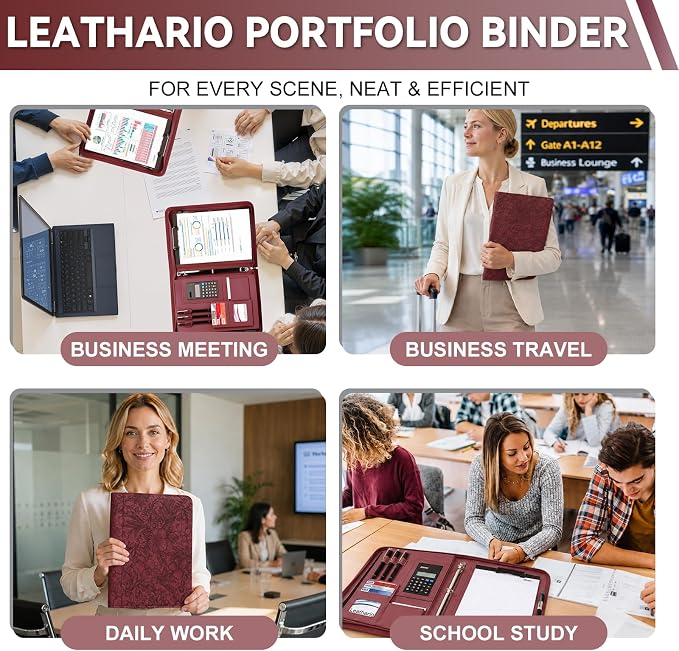 Leathario Portfolio Binder, Includes 5 Sheet Protectors and a Pen, 13 Inch Tablets Organizer, Vegan Leather A4 Padfolio, Multi-Pocket Notepad Business Planner Professional Document