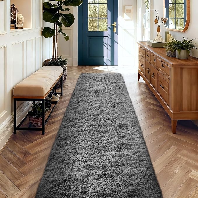 Ophanie 2x10 Runner Rug for Hallway,Upgrade Non-Slip Fluffy Soft Bedside Rugs,Bedroom Living Room Grey Shaggy Gray Carpet for Kids Girls Boys Dorm Nursery Decor Aesthetic with Over 99 pcs Pile fibers