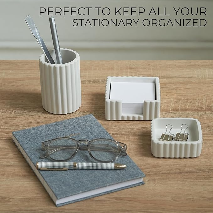 Aesthetic Desk Organizer Set of 3 For Your Office - Sturdy Concrete Desktop Accessories For Women Enhance Any Office Decor - Set incl. Pen Holder, Paperclip Storage & Sticky Note Holder for Teacher