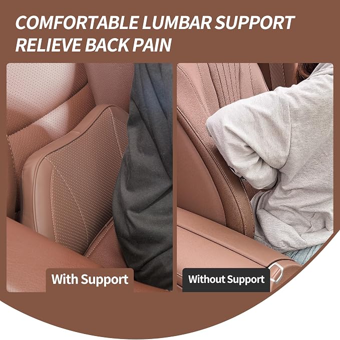 Car Lumbar Support Pillow for Driving Seat, Brown, 1 Pack | Leather Memory Foam Lumbar Cushion for Lower Back Pain Relief, Universal Back Support for Driving, Home & Office Chairs