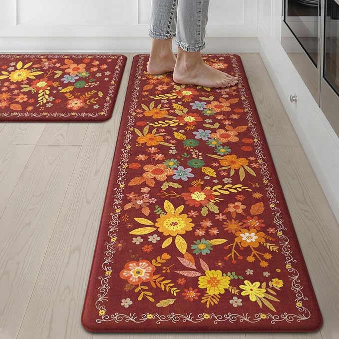 GENIMO Anti Fatigue Kitchen Mats for Floor 2PCS, Cushioned Standing Mats | 17.3"x59"&17.3"x30", Red vintage floral rug set, waterproof, non slip, easy-clean for farmhouse