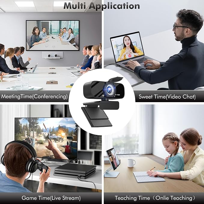 Gozvrpus USB HD Webcam with Built-in Microphone and Rotatable Tripod, 1080P Video, Wide Angle Camera, Privacy Cover, for Desktop PC or Laptop Computer - 1（Black）