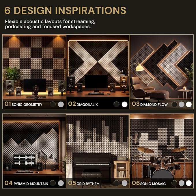 Focusound Acoustic Panels 50 Pack 2"x12"x12" with 300 PCS Double-Side Adhesive - Sound Proof Pyramid Foam for Walls, Home Studio Noise Absorption & Echo Control Kit