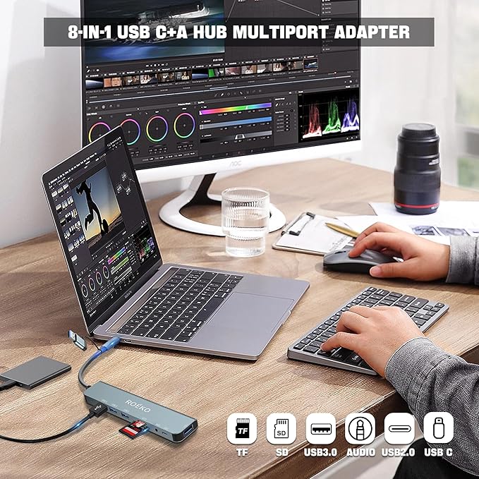 USB Hub,USB C hub multiport Adapter, USB Splitter with 1xUSB 3.0,4xUSB2.0,2 x USB C,USB c hub for MacBook Pro/PC/Laptop/Tablet Devices (Grey 8 in1)