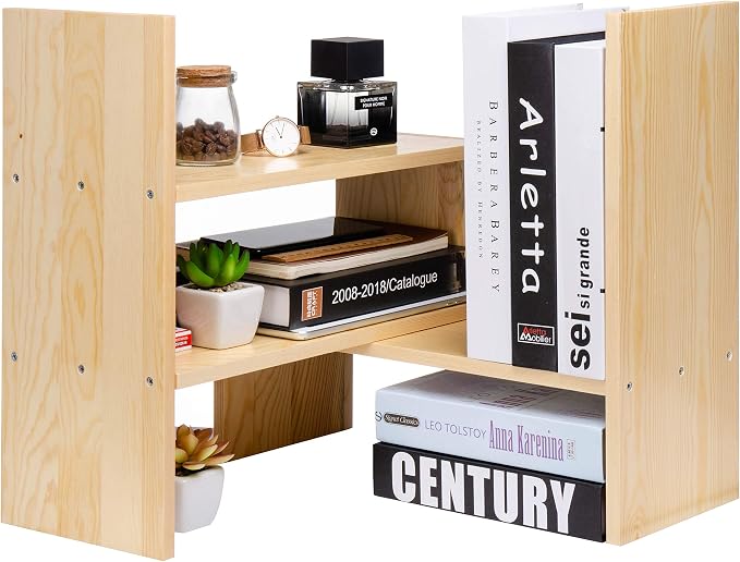 Desktop Organizer Office Storage Rack Adjustable Natural Wood Display Book Shelf Stand Rack Wood Caddy Desk Organizer Set Office Storage Expandable Tabletop
