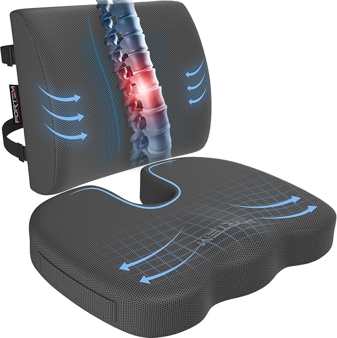 FORTEM Seat Cushion, Office Chair Cushion, Lumbar Support Pillow for Office Chair, Memory Foam Car Seat Cushions, Sciatica Coccyx Tailbone Pain Relief, Cushions for Back Support, Washable, Non Slip