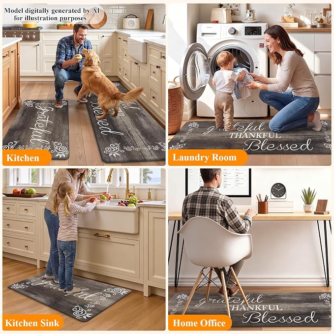 HEBE Anti Fatigue Kitchen Rugs Set of 2, Non Slip Cushioned Kitchen Mats for Floor, Waterproof Farmhouse Kitchen Carpet Set Comfort Standing Desk Mat for Sink,Office,Laundry