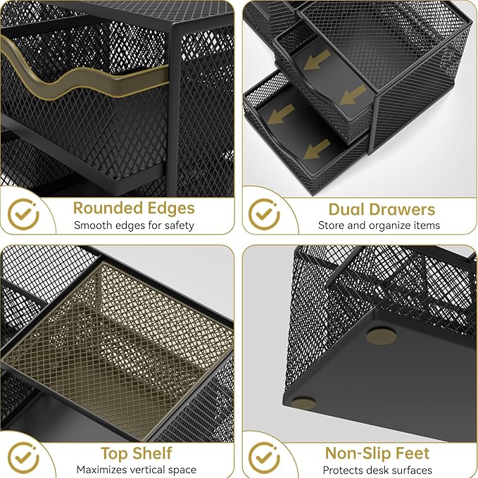 Mesh Desk Organizer, Pen Organizer with 2 Drawers and 5 Compartments, Versatile Pen Holder for Small Space, Desk Organizers and Accessories for School Office Supplies, Black