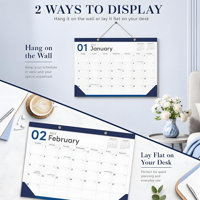 Desk Calendar 2026-2027 - Ougesi 18 Month Desk Top Calendar July 2026 - Dec 2027,17x12 Academic Desk Calendar with Thick Paper, Large Blocks, Stickers for Home & Office Navy