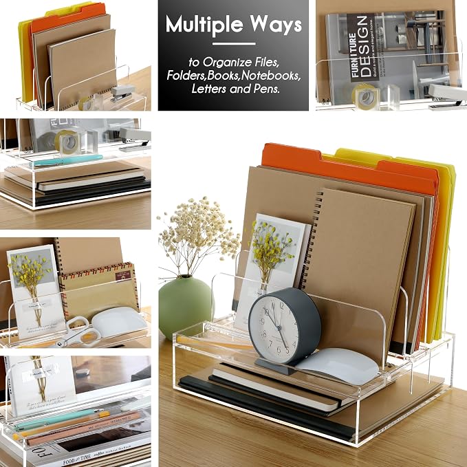 DINGHUO Acrylic Desk Organizers and Accessories, Paper Letter Tray Organizer with 3 Vertical File Holder, Clear File Organizer for Desk Home Office Supplies -1 Pack