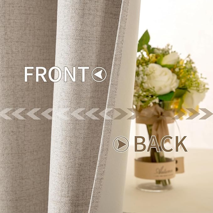 MIULEE 100% Blackout Linen Textured Curtains for Bedroom Solid Thermal Insulated Taupe Grommet Room Darkening Curtains & Drapes Luxury Decor for Living Room 52 x 84 Inch (2 Panels)