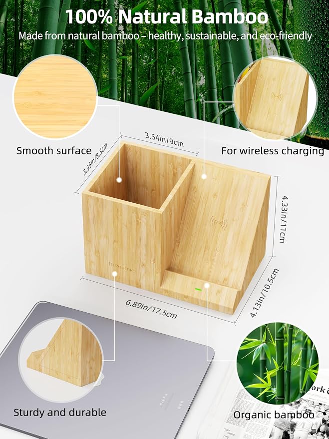 Bamboo Pen Holder for Desk with Wireless Charger, Desktop Organizer & Pencil Holder, Fast Wireless Charging Stand for iPhone, Samsung & More, Multifunctional Pen Organizer for Office, School, Home
