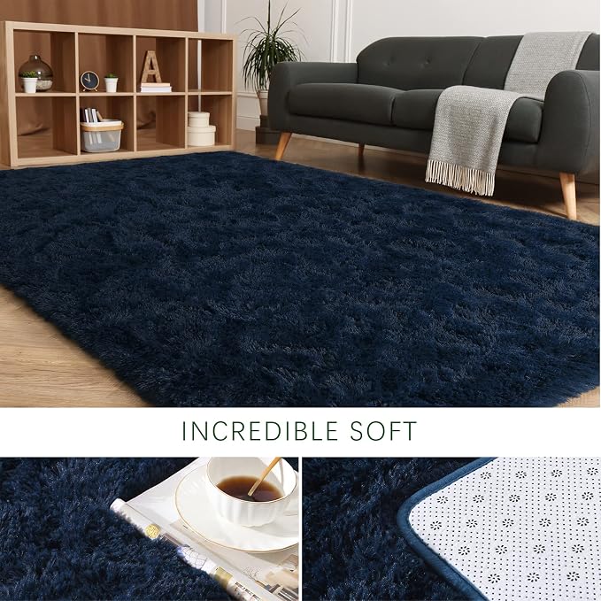 HOMORE Luxury Fluffy Area Rug Modern Shag Rugs for Bedroom Living Room, Super Soft and Comfy Carpet, Cute Carpets for Kids Nursery Girls Home, 4x6 Feet Navy