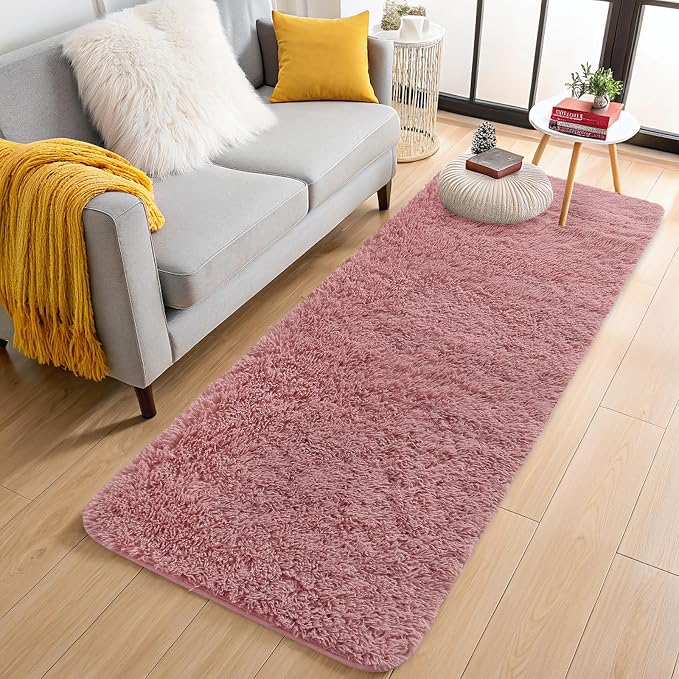 OLANLY 2x5 Machine Washable Runner Rugs for Hallway, Soft Fluffy Shaggy Bedside Rugs for Bedroom, Living Room, Indoor Floor Carpet for Kids Girls Boys, Nursery Rooms, Home Decor Aesthetic, Pale Pink