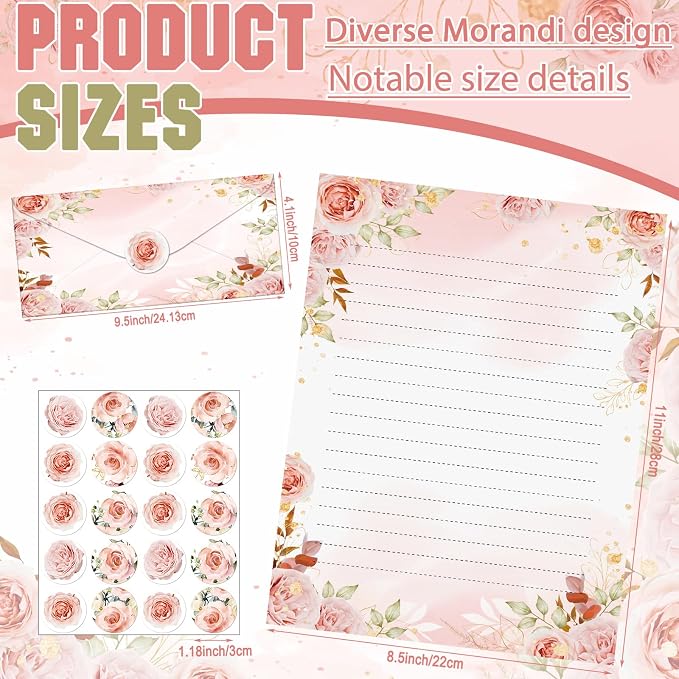 TaoBary 160 Pcs Stationery Paper Set 50 Double Sided Stationery Papers with 50 Matching Envelopes and 60 Round Dot Sticker, 10 Design(Floral,8.5 x 11 Inch)