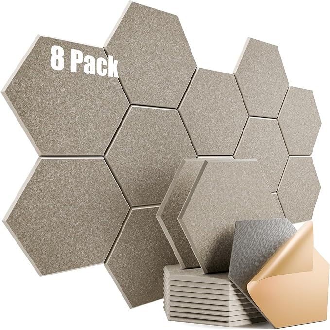 8 Pack Self-Adhesive Acoustic Panels 12" X 10" X 0.4" - Sound Proof Foam Panels for Wall with High Density, Hexagon Design, Flame Resistant, Absorb Noise and Eliminate Echoes(Camel)