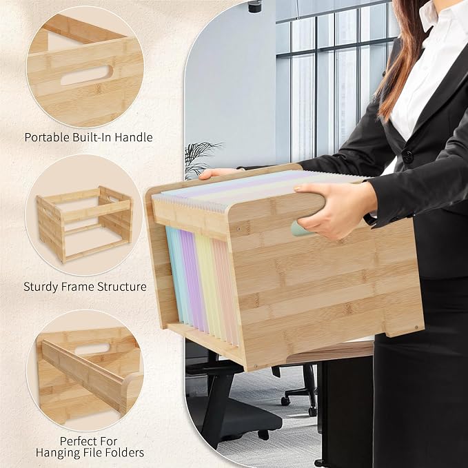 Bamboo Hanging File Organizer, Desktop File Box, Open Top, 1 Pack, Natural | Open-Top Access, 2 Hanging Folders Included, Letter & Legal Files, Sliding Rails, Reinforced Handles, Easy Assembly
