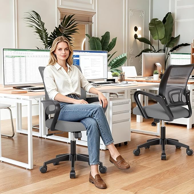 BestOffice | Ergonomic Office Chair | Mid-Back Swivel Desk Chair | Breathable Backrest & Lumbar Support | Adjustable Height | Sponge Seat | Rolling Wheels | Grey | for Adults & Women