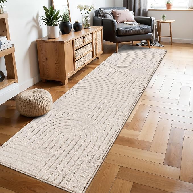 SHACOS Soft Cozy Fluffy Arch High Low Pile Runner Rugs 3x10 ft Non Slip Washable Scandinavian Minimalist Area Rug Runner Modern Carpet for Living Room Hallway Bedroom Bathroom Kitchen, Beige