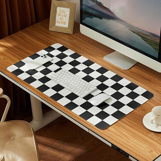 Checkered Desk Mat, Large Cute Aesthetic Retro PU Leather Computer Laptop Desk Mat, Non-Slip Waterproof Mouse Keyboard Pad, Desk Writing Mat for Work/Home (Black, 23.6" x 13.7")