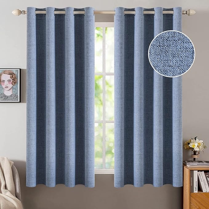 MIULEE Linen Texture Curtains for Bedroom Solid 100% Blackout Thermal Insulated Stone Blue Curtains Grommet Room Darkening Drapes Luxury Decor for Living Room 52x54 Inch (2 Panels)
