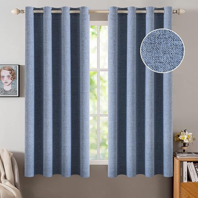 MIULEE Linen Texture Curtains for Bedroom Solid 100% Blackout Thermal Insulated Stone Blue Curtains Grommet Room Darkening Drapes Luxury Decor for Living Room 52x45 Inch (2 Panels)