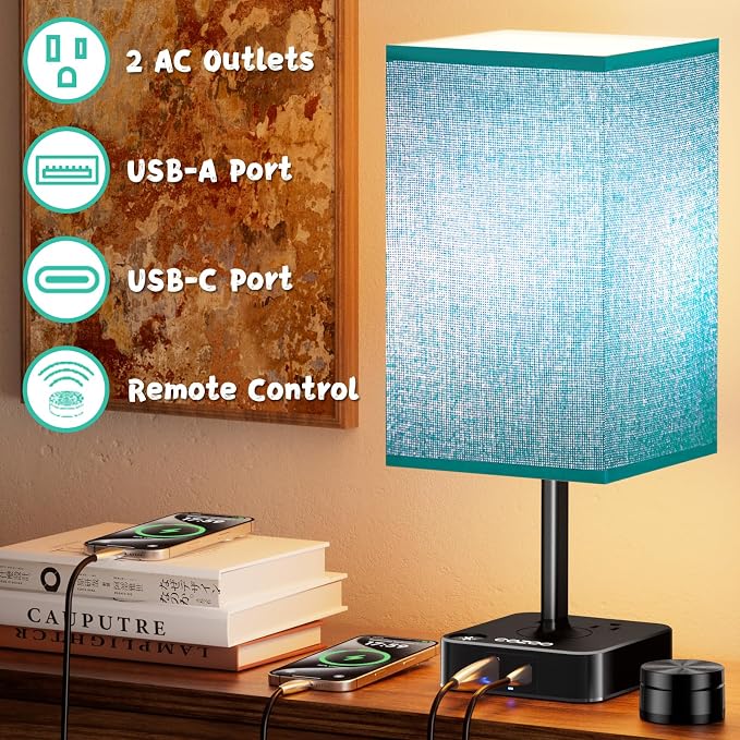 cozoo Bedside Table Lamp for Bedroom, 3 Way Dimmable & Remote Control Stepless Dimming Touch Nightstand Lamp, 2 USB Ports and 2 AC Outlets, Small Desk Light for Living Room, Bed, Study, Green