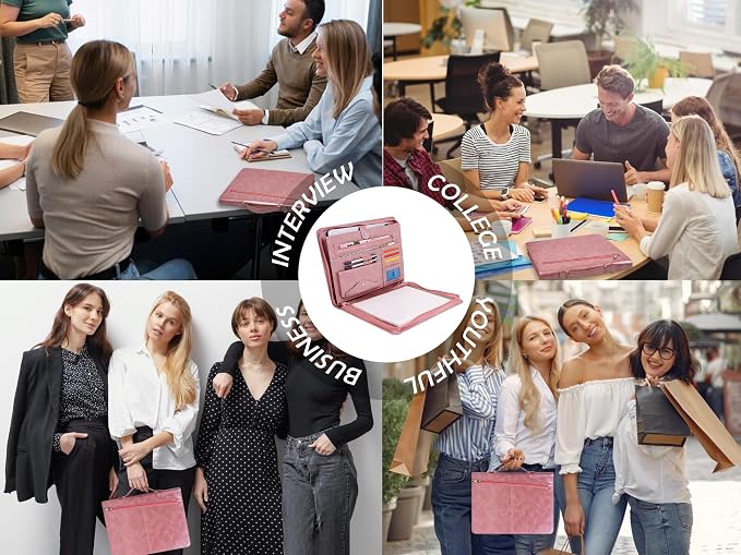 AZXCG Portfolio Binder, Pink Padfolio with Handle and Zipper,Leather Padfolio for Women,Professional Business Portfolio Organizer,A4 Notepad Holder, Gift for Valentine's Day,Girls and Women,