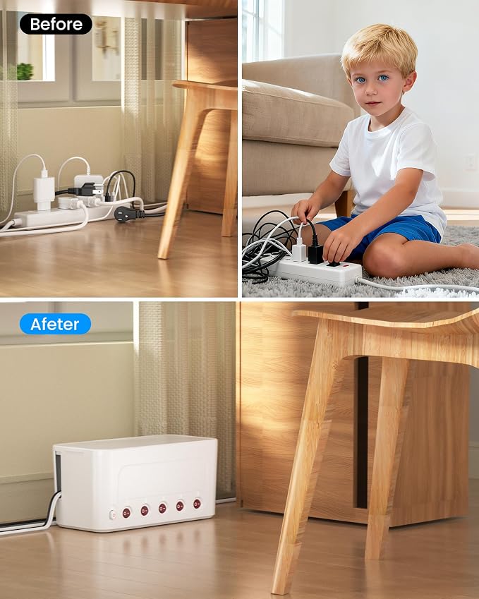 Power Strip with Cable Management Box, Large Cord Organizer Box,White | Power Strip Box with 10 Outlet and 3 USB Port,Individual Switches,6ft Flat Plug Extension Cord,Under-Desk Wire Storage Hider