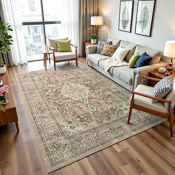 5x7 Green Washable Boho Area Rug for Bedroom, Vintage Floral Non Slip Living Room Rugs, Soft Low Pile Indoor Mat, Aesthetic Pattern Carpet for Kitchen and Dining Room
