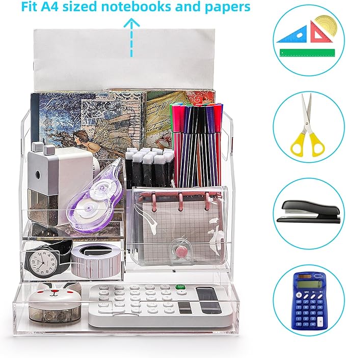 Acrylic Desk Organizer with 2 Drawers, Clear Office Drawer Organizer with Handle, Pencil Pen Holder Storage Desktop Accessories 7 Compartments for Home Makeup Magazine File Art Supply