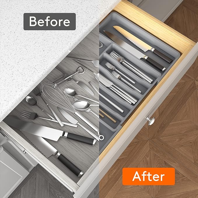 Lifewit Silverware Drawer Organizer, Expandable Utensil Tray for Kitchen, BPA Free Flatware and Cutlery Holder, Adjustable Plastic Storage for Spoons Forks Knives, 13-22 x 15", Grey