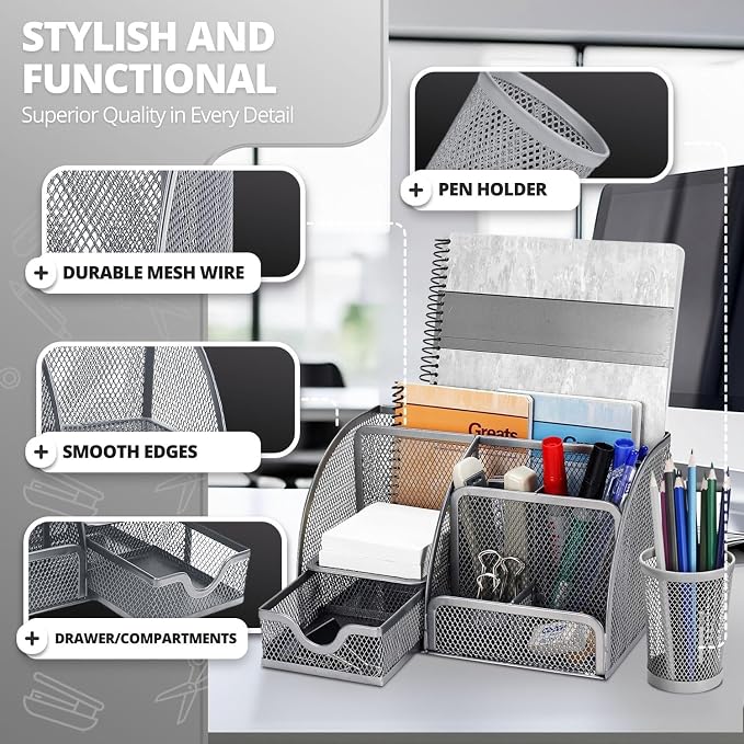 Flexzion Desk Caddy Organizer Set (Silver Gray) - Metal Mesh Desktop Caddy with Drawers, 6 Compartments, and Pencil Holder for Women & Men - Desktop Organizer and Storage for Work or Office Supplies | Compact Desktop Caddy with Separate Pen Holder; 8.7...