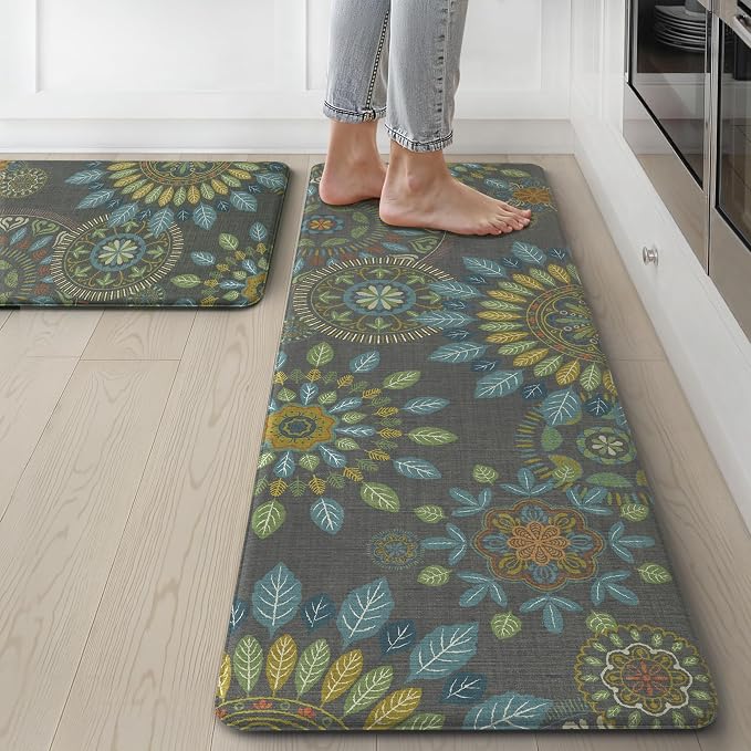 GENIMO Anti Fatigue Kitchen Mats for Floor 2PCS, Cushioned Standing Mats | 17.3"x47"&17.3"x30", Olive Green vintage floral rug set, waterproof, non slip, easy-clean for farmhouse