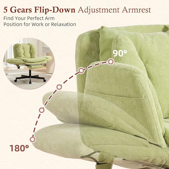 Criss Cross Office Chair with Footrest and 5-Gear Adjustable Arms, Green | Wide seat cross-legged desk chair, flip lumbar pillow, airbag support, linen fabric, for home office, vanity and meditation