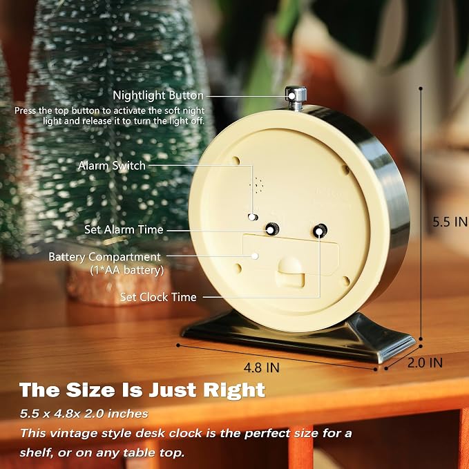 AYRELY® 5.5" Vintage Metal Alarm Clock, Desk and Table Clock for Shelf | Battery Operated Silent Analog Clock with Light for Living Room,Mantel, Bedside and Home Decor (Gold)