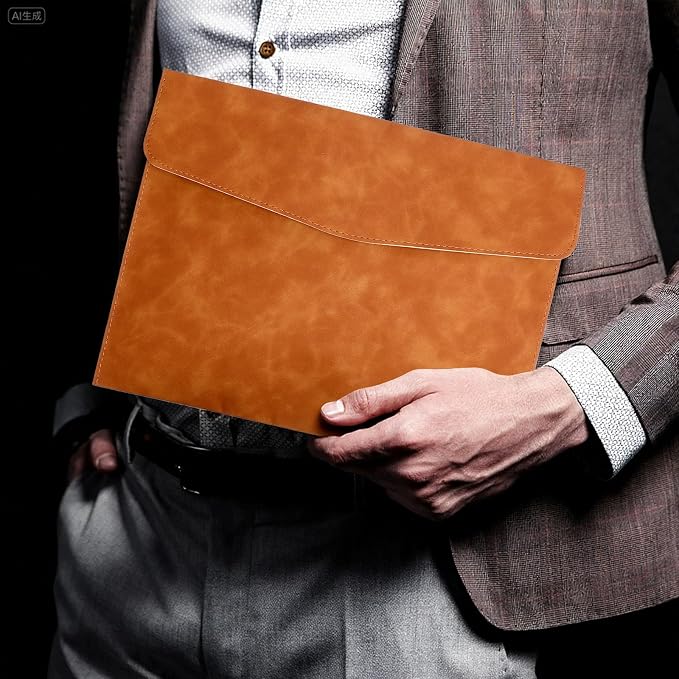 Leather Folder, Leather Envelope Document Folder A4 Flie Holder for Documents Letters Envelopes Waterproof Portfolio Brown PU Envelope Case with Snap Closure for Receipt Contract Paper Bills