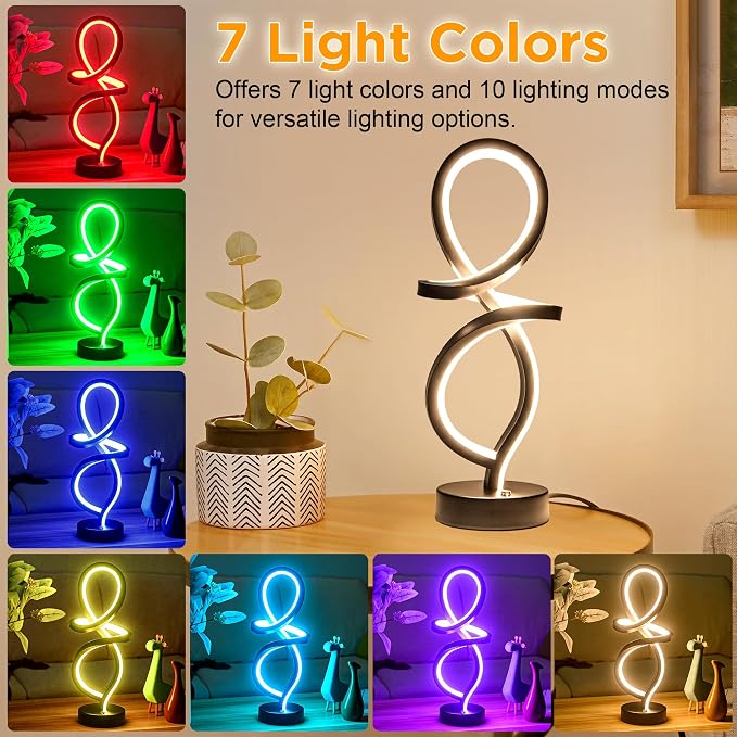 Mayful RGB Modern Table Lamp with 15W LED Spiral Spiral Design, Black Nightstand Lamp & Small Bedside Lamp, Touch Dimmable with 7 Colors & 10 Modes for Bedroom, Living Room, Office