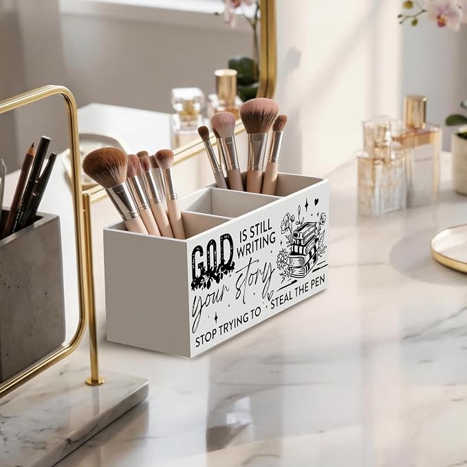 Christian Floral Book Wooden Pen Holder for Desk, God Is Still Writing Your Story Bible Verse Religious Pencil Organizer Wooden Box Sign for Home Office Girls Bedroom Decoration