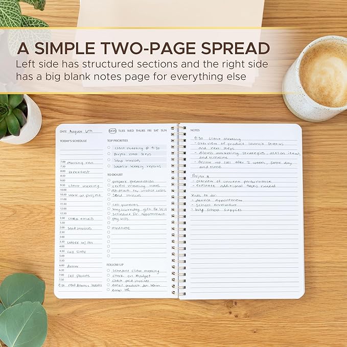 Simple Daily Planner Undated with Hourly Schedule - 6.5x9.25" Sage Green Day Planner & Spiral To Do List Notebook - Aesthetic and Cute Work Journal, Task Organizer Notepad and Productivity Planners