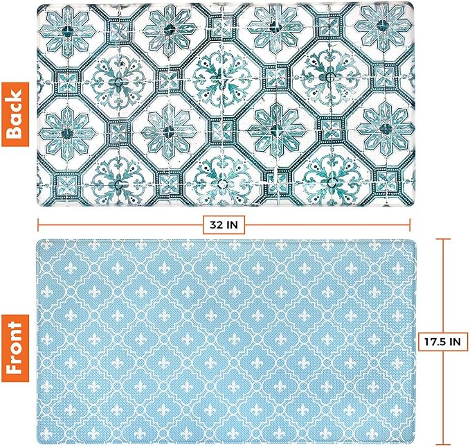OPUX Anti Fatigue Kitchen Floor Mat, Reversible Cushioned Memory Foam Kitchen Rug Pad, Waterproof Non-Slip Padded Comfort Standing Mat Office Laundry Home, 32x17 (Floral Tile Blue)