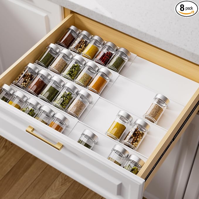 MIUKAA White Spice Drawer Organizer, 4 Tier - 8 Pack Seasoning Organizer for Drawer, Expandable From 13" to 26" Kitchen Drawer Spice Rack (Jars not Included)