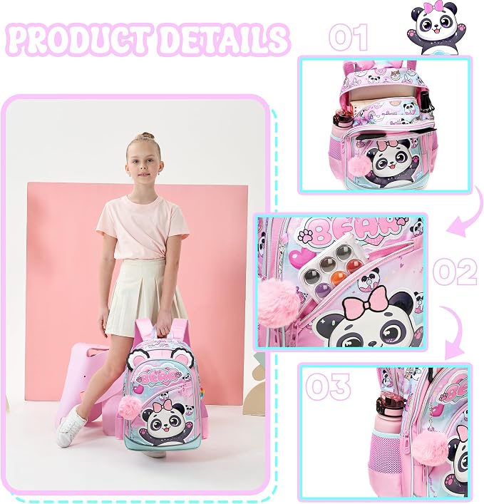 Meetbelify Backpack for Girls Cute Panda School Bag with Lunch Box for Elementary Student Kids Bookbag for Girls 8-10