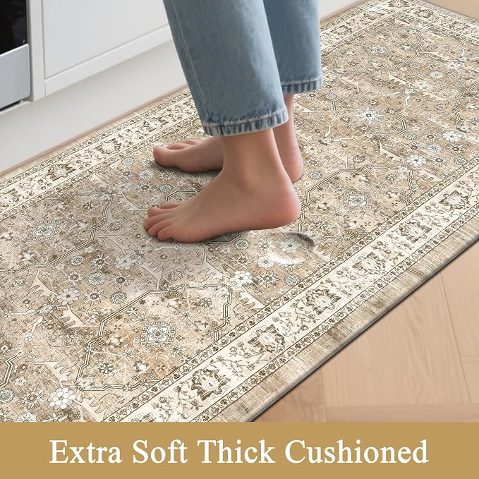 Pauwer Anti Fatigue Kitchen Floor Mats Set of 3, Cushioned Rug, Light Brown | Non Slip Comfort Standing Mat, PVC Foam Padded Kitchen Rugs, Waterproof Sink Rug for Small Kitchen Area, Laundry Room