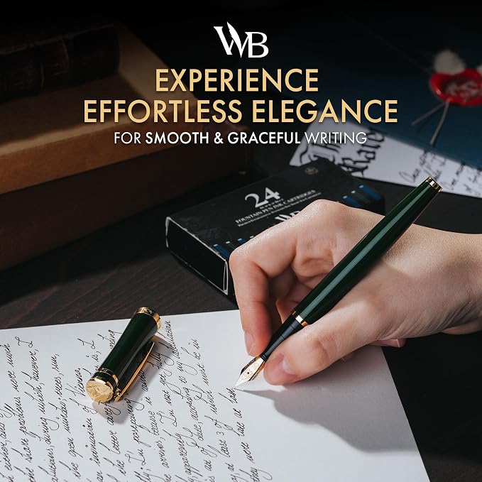 Wordsworth & Black Fountain Pen Set, 18K Gilded Medium Nib, Includes 24 Pack Ink Cartridges, Ink Refill Converter & Gift Box, Gold Finish, Calligraphy, [Racing Green], Perfect for Men & Women