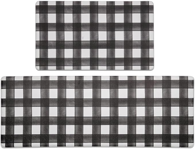 FRESHMINT Modern Farmhouse Plaid 2 Piece Set Kitchen Mats for Floor Anti Fatigue Waterproof & Non-Skid Kitchen Rugs Cushioned Kitchen Mat for Standing Washable Comfort Desk Kitchen Runners