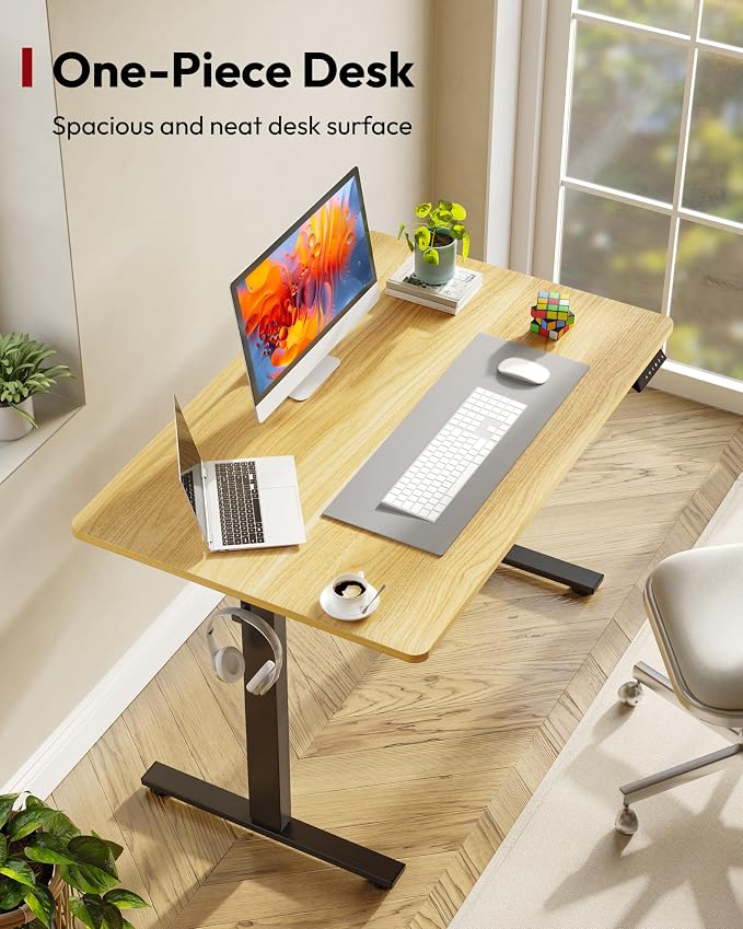 SANODESK One-Piece Electric Standing Desk, Seamless 48 x 30'' Ergonomic Height Adjustable Sit Stand Desk with Memory Presets for Home Office Computer Workstation, Black Frame/Natural Top